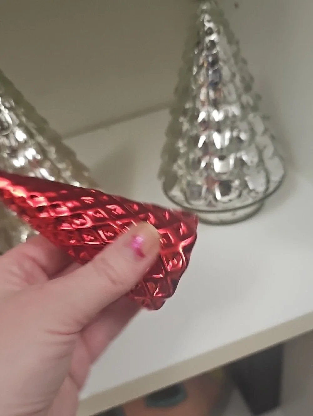 Decorative Glass Tree Set Of 4 Red And Silver Brand New